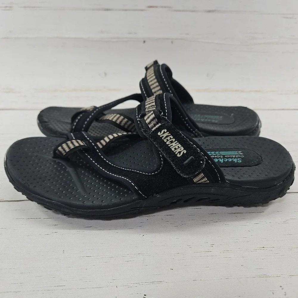 Skechers Reggae Rasta Women 8 Black Tan Flip‎ Flop Thong Sandals Slip On Comfort